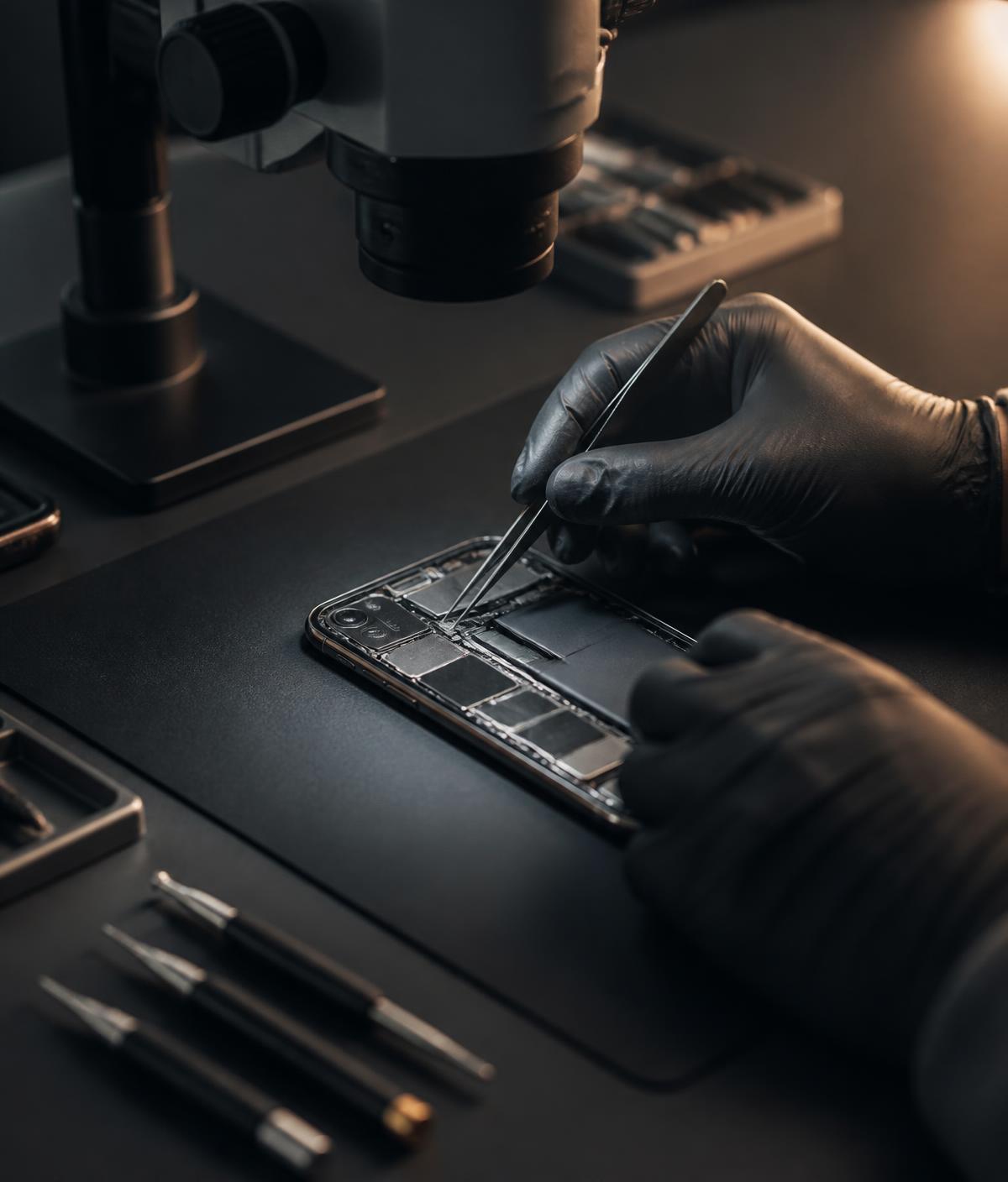 Técnico da Brookcell realizando reparo em placa de celular na bancada